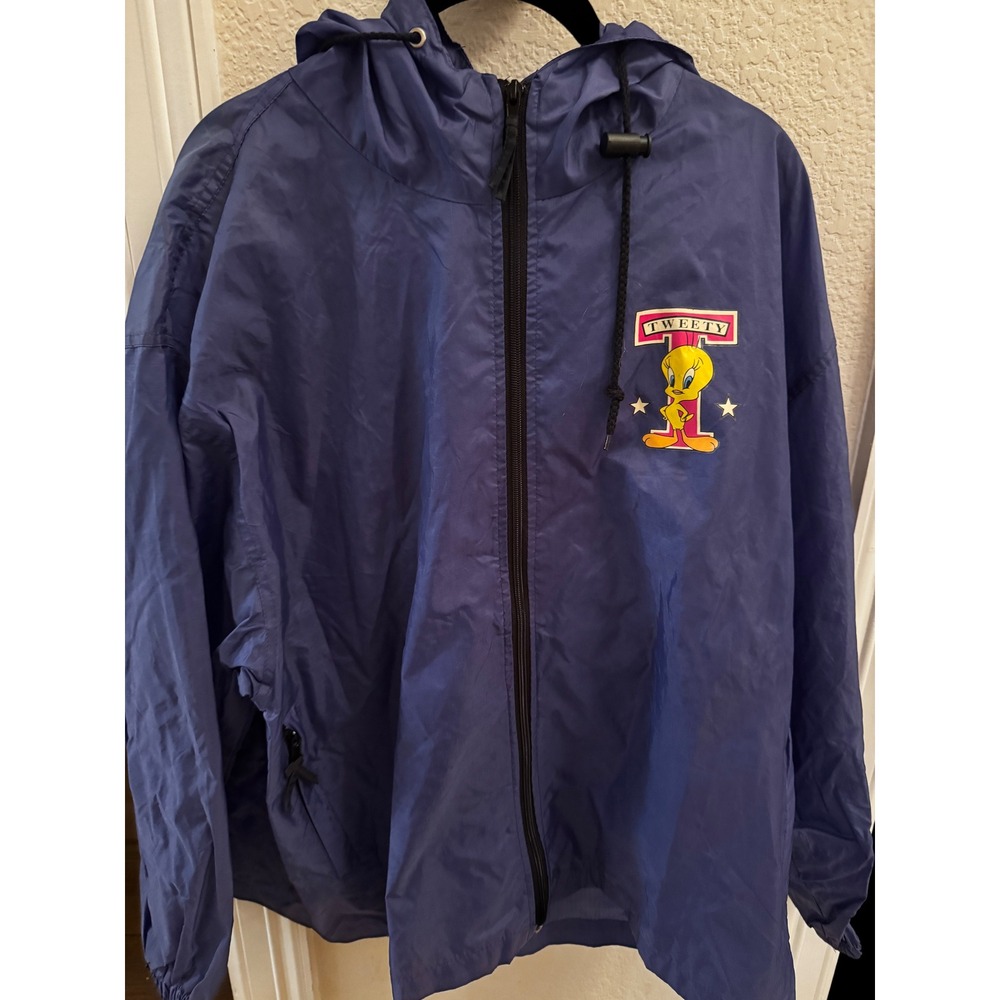Vintage Looney Tunes Tweety Bird Windbreaker Jacket Blue Full Zip Hooded Large